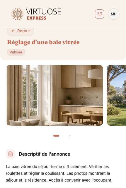 Capture de l’application Agent Express : mission Réglage d’une baie vitrée, statut Publiée, photos du séjour et descriptif