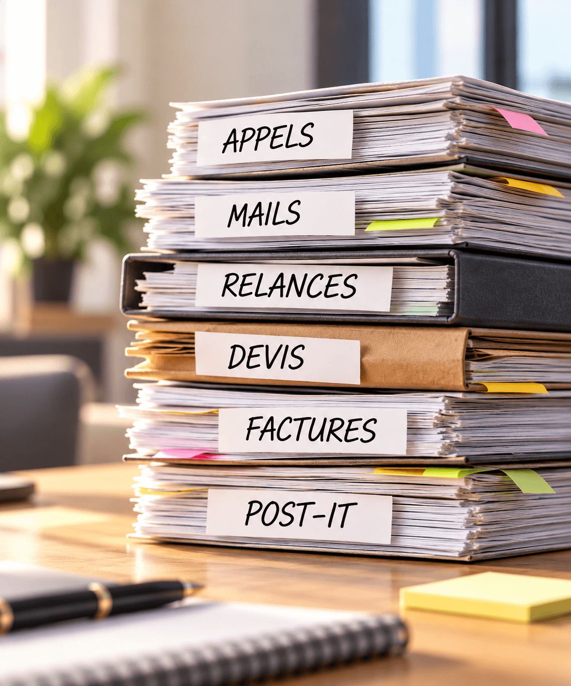 Pile de dossiers : appels, mails, relances, devis, factures et post-it